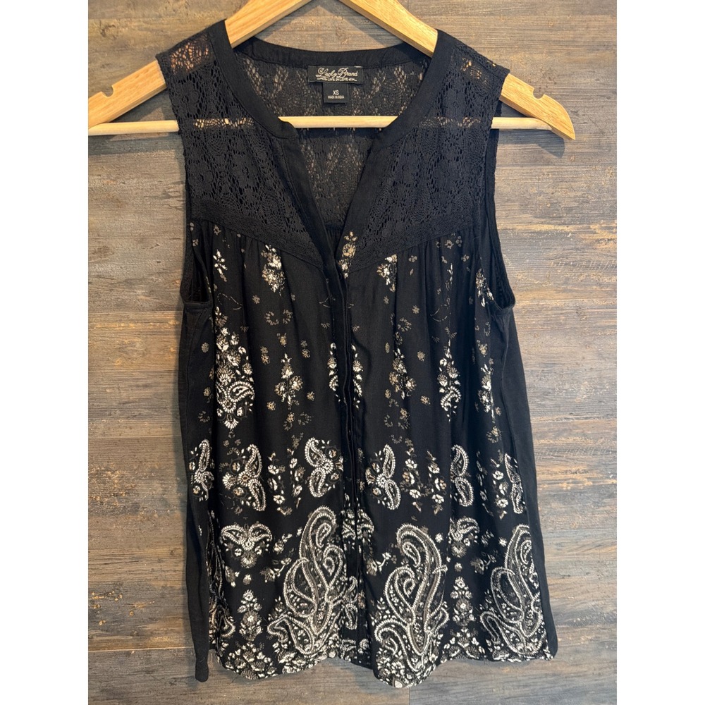 Lucky Brand Black Lace Yoke Paisley Floral Sleeveless Top XS